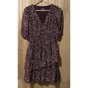 TAYLOR Women's Size 10 Floral-Print Tiered Ruffle Hem Dress V-Neck Smocked Waist